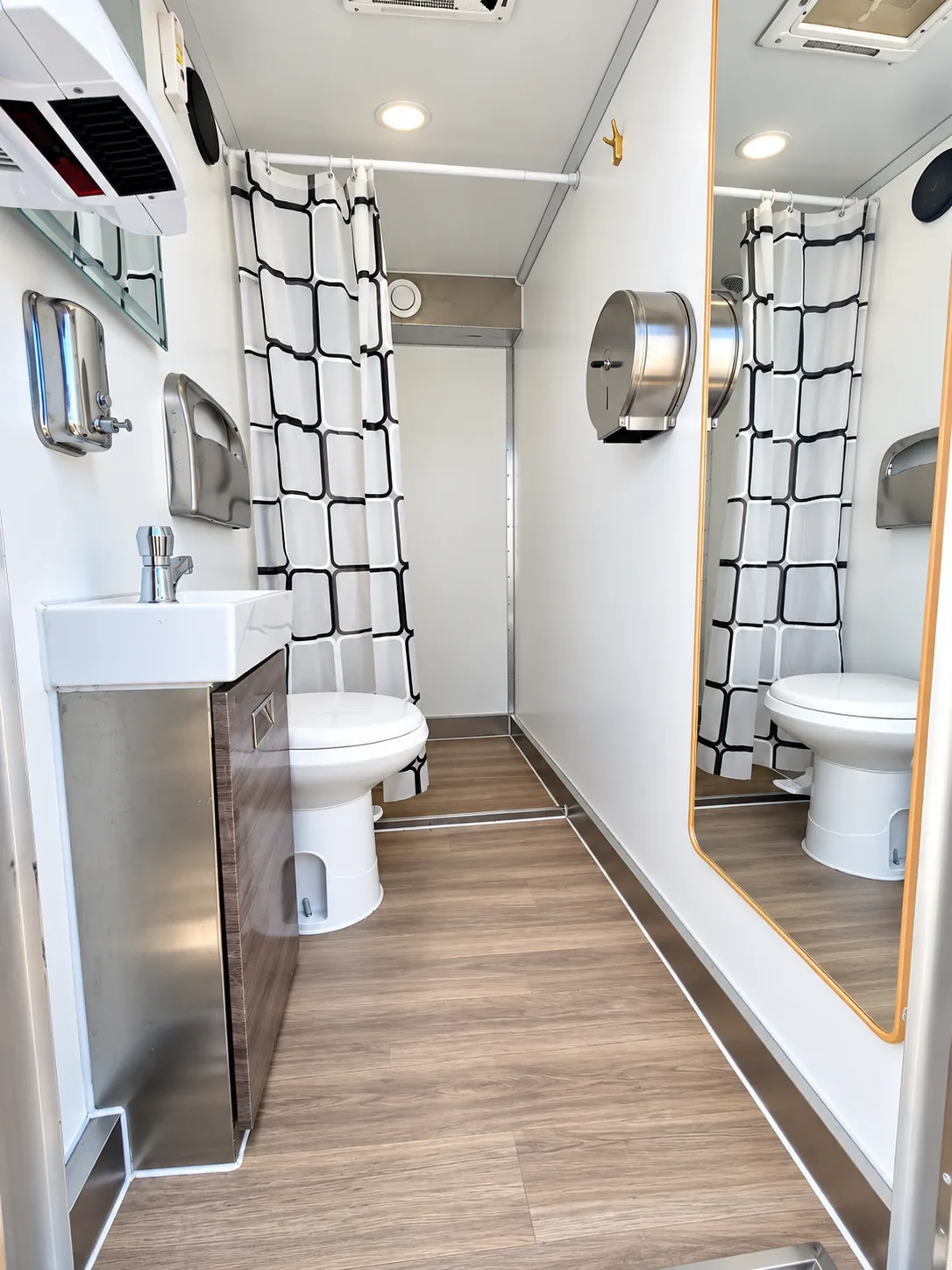 Bathroom interior in a combination hygiene trailer