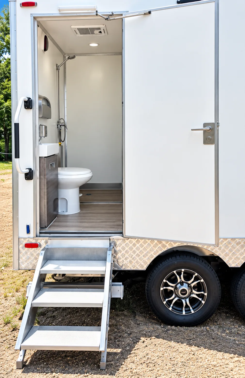 Private entrance on a portable shower-restroom trailer