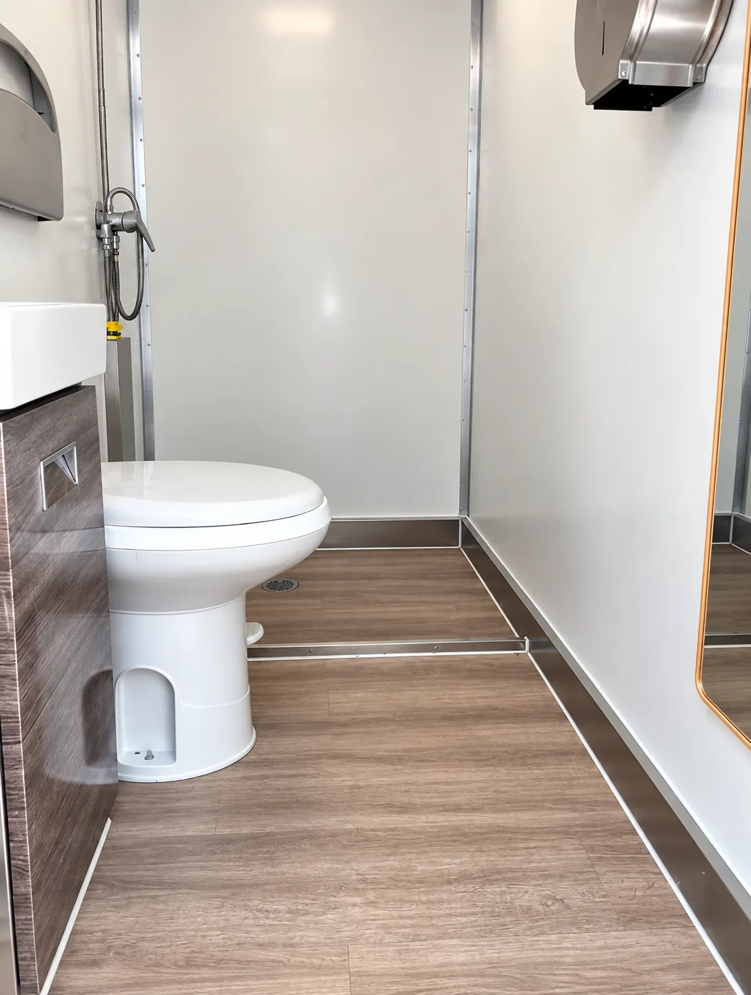 Interior view of a luxury shower-restroom trailer