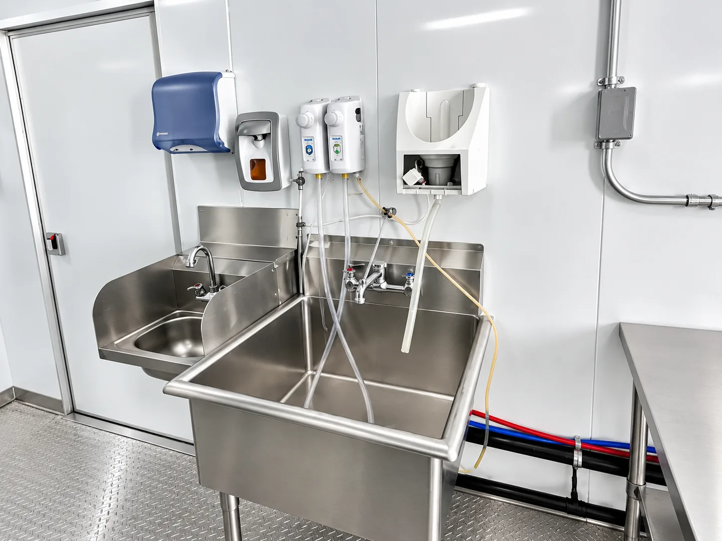 Stainless-steel interior of a mobile dishwashing trailer