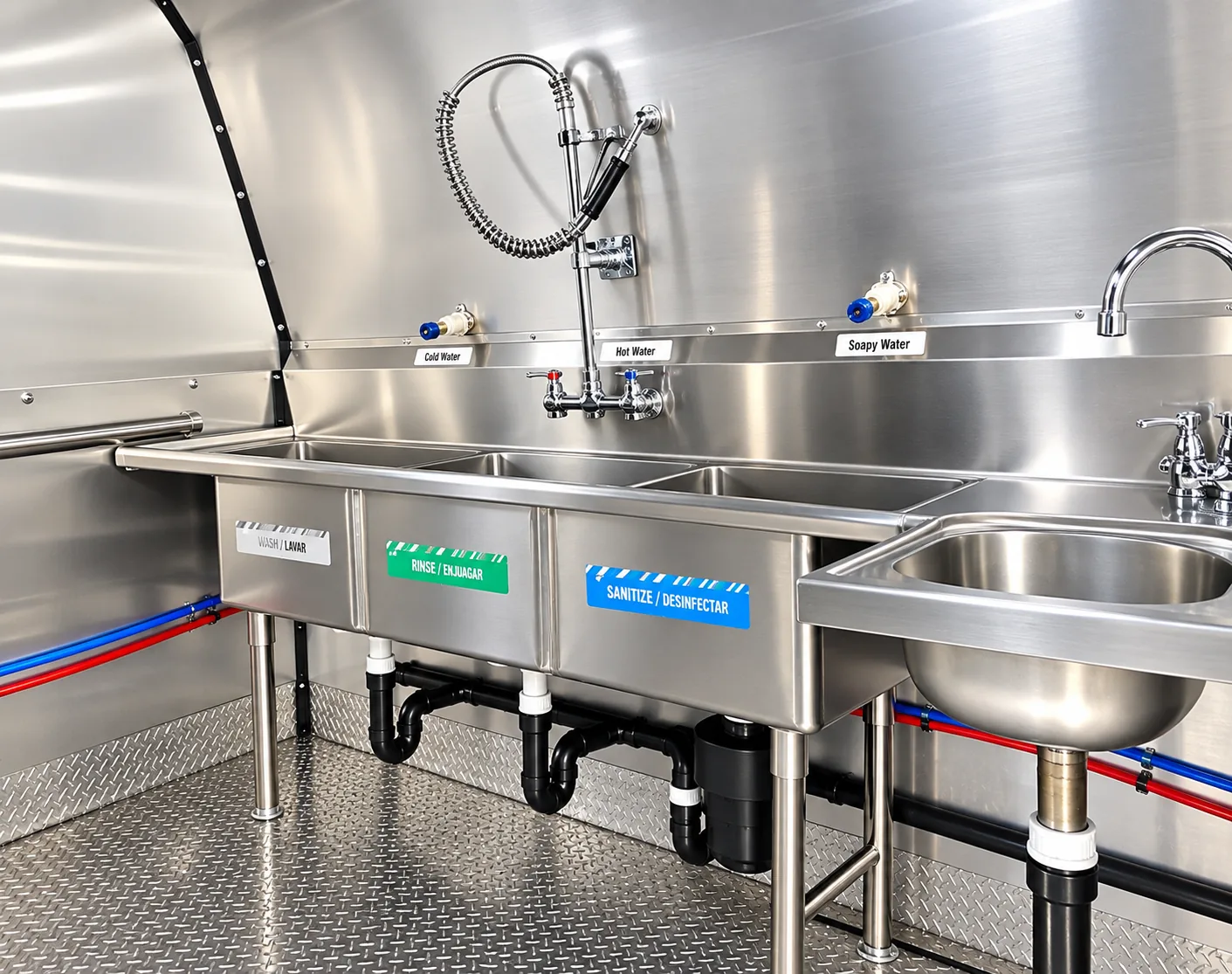 Three-compartment sink inside a dishwashing trailer