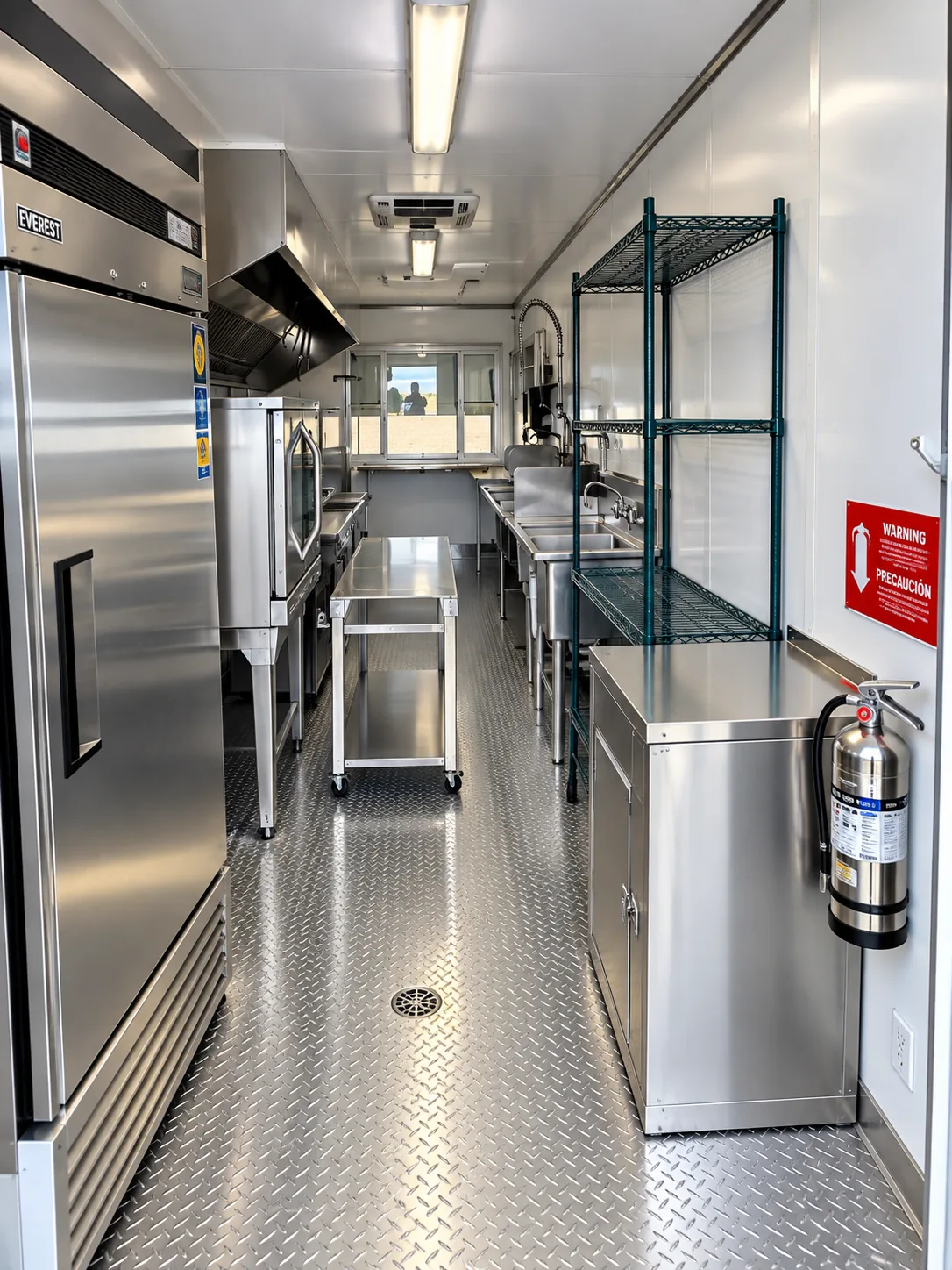 Entry view inside a mobile commercial kitchen trailer