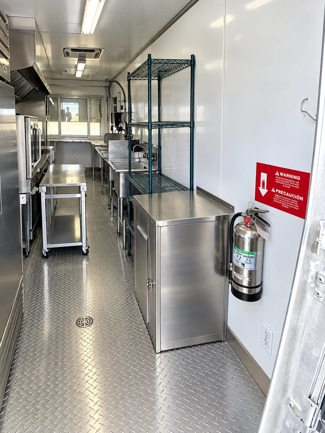 Stainless-steel commercial kitchen trailer interior