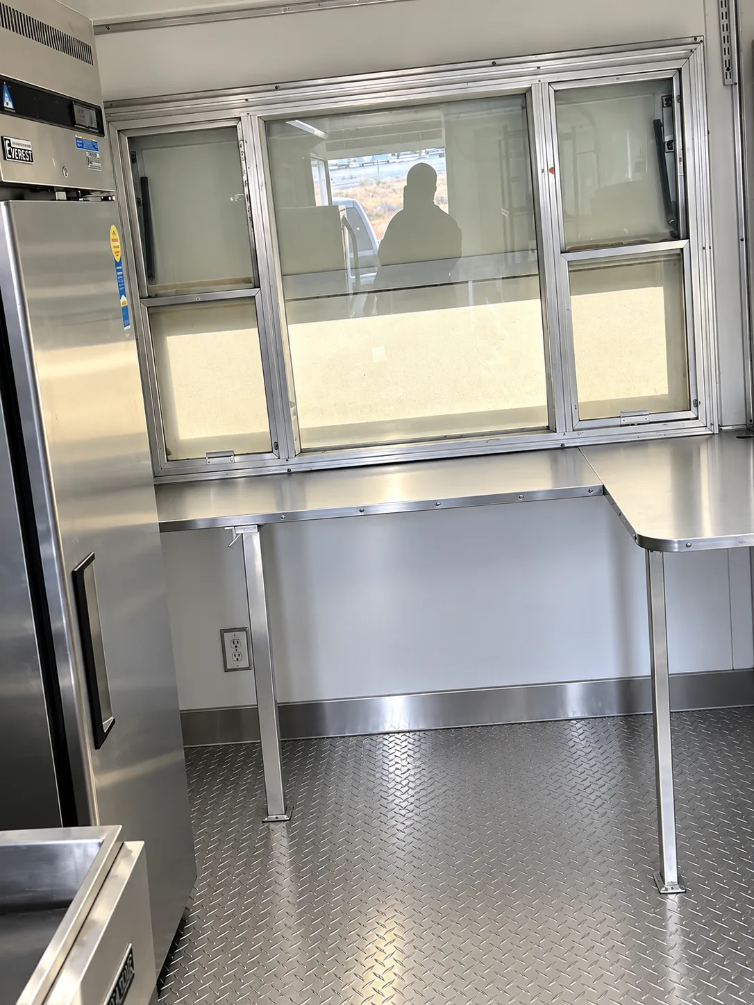 Food preparation counter inside a mobile kitchen trailer