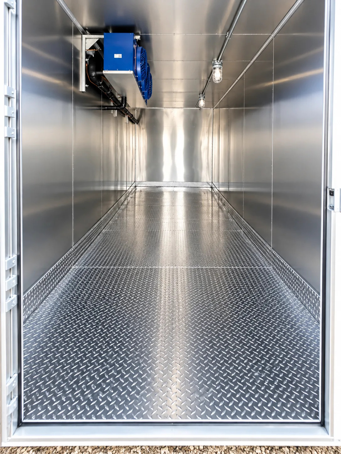 Stainless-steel interior of a refrigerated trailer