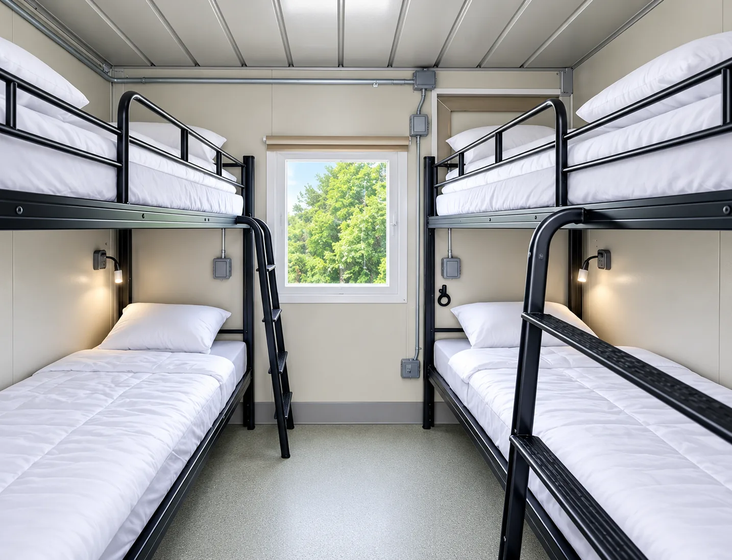 Four-bunk sleeping room inside a shared sleeper trailer