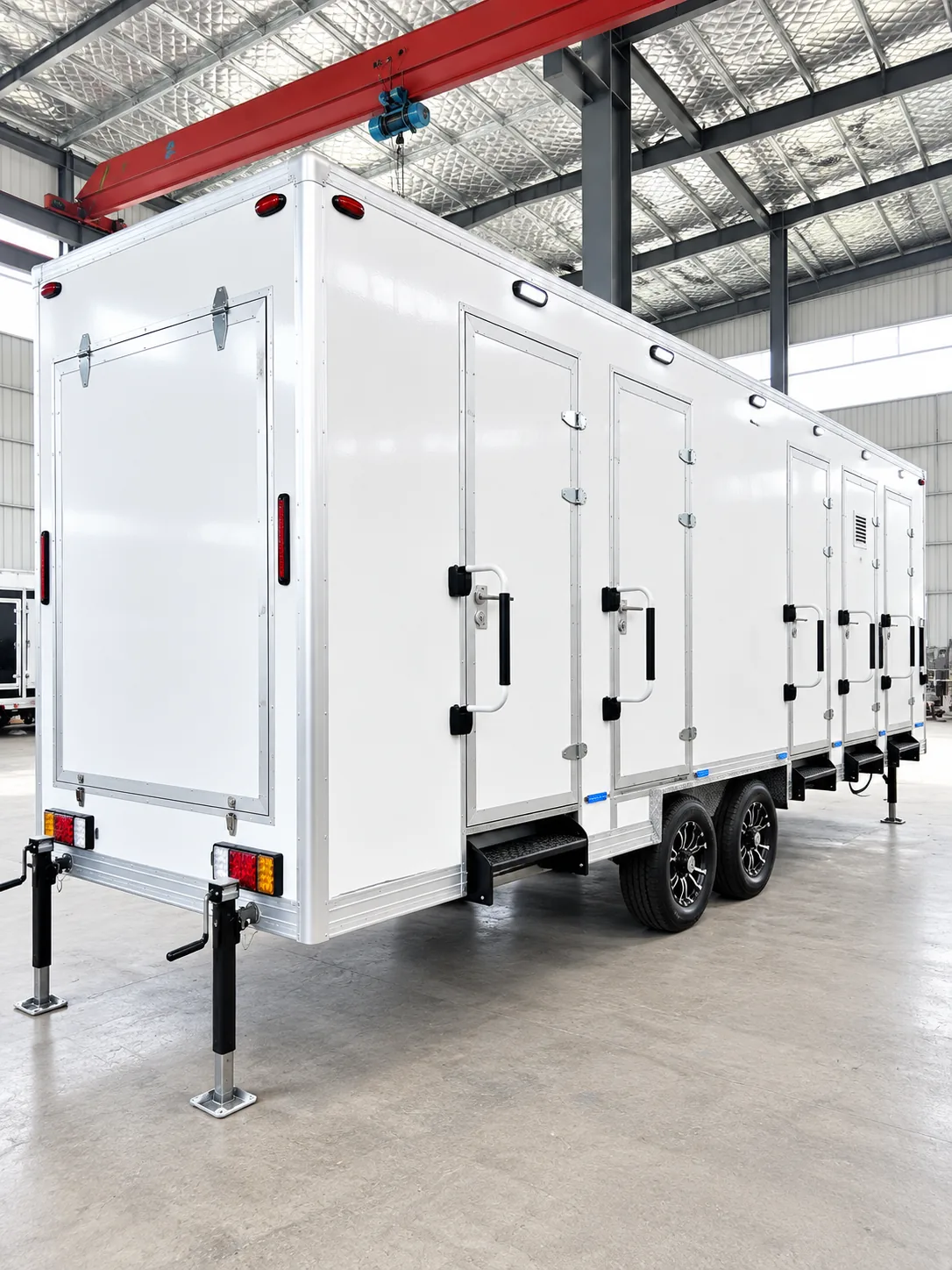 Private shower-stall entrance on a portable shower trailer