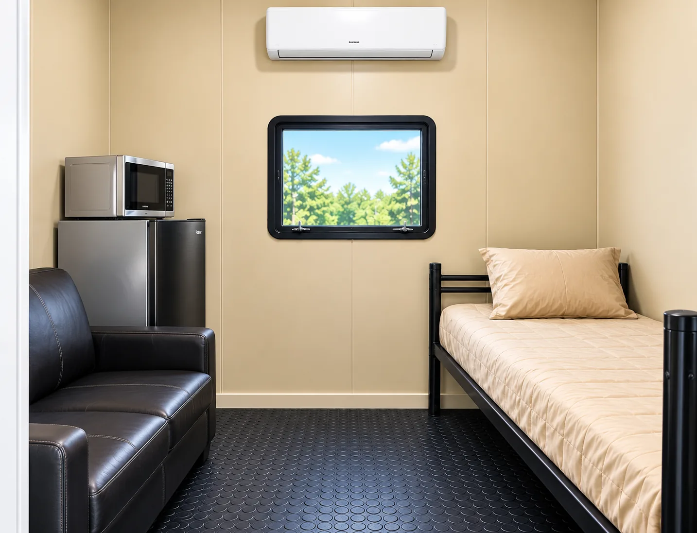 Private sleeping room inside a VIP accommodation trailer