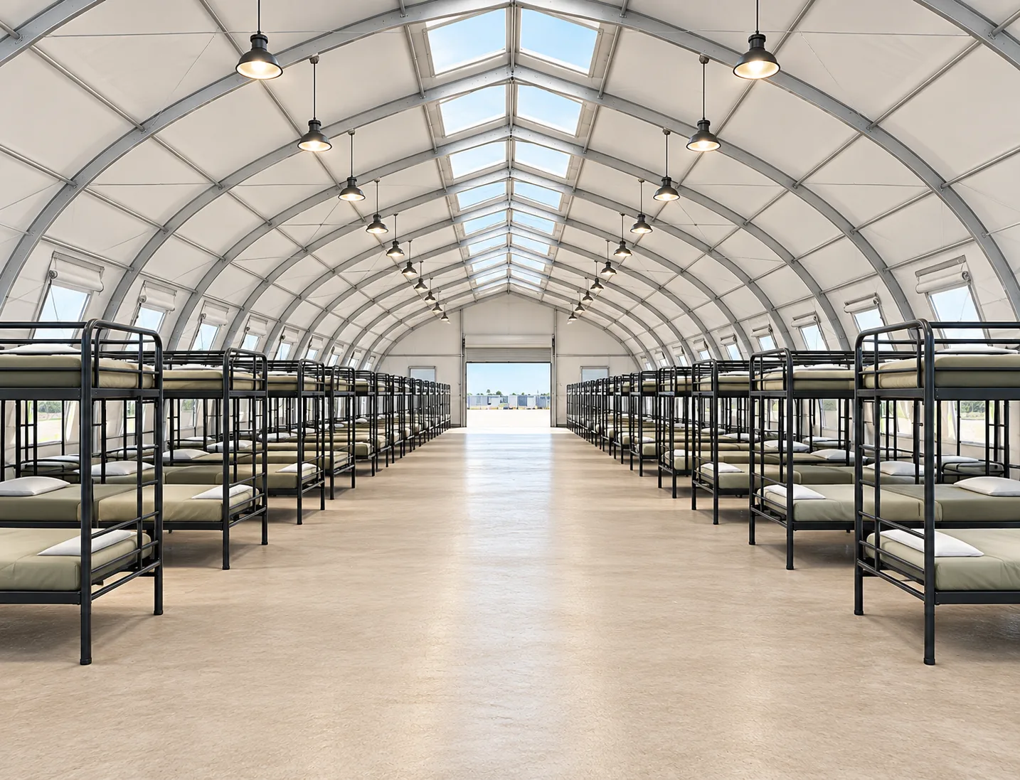 Emergency sleeping facility with rows of bunk beds