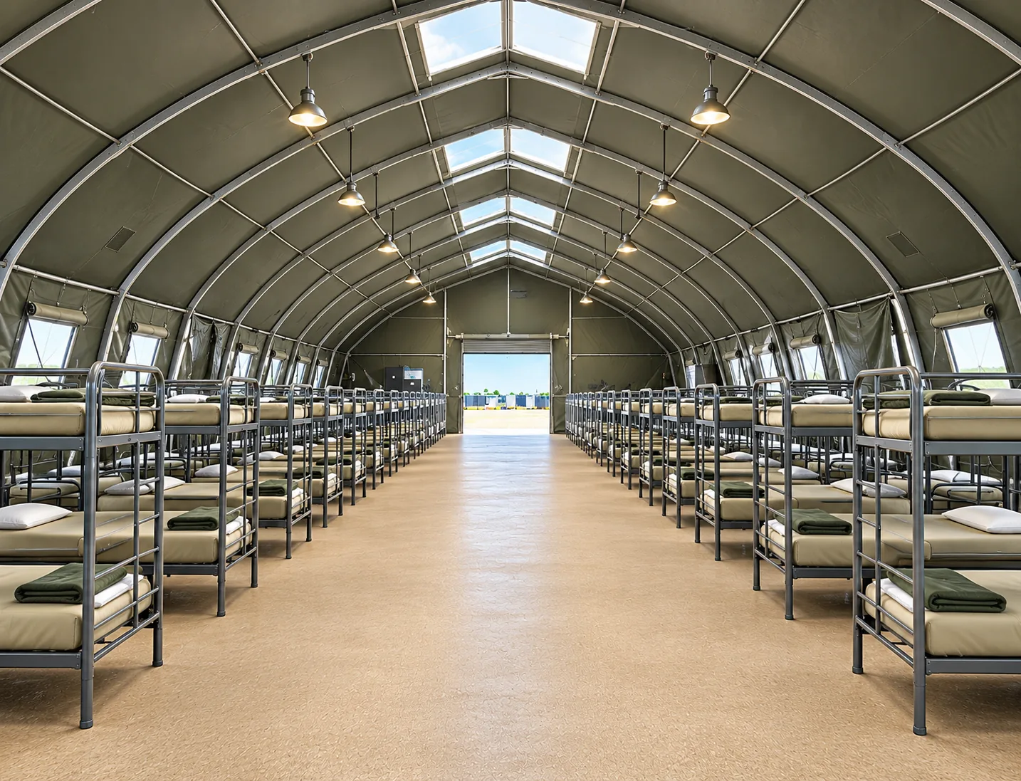 Large temporary bunkhouse interior for a remote workforce